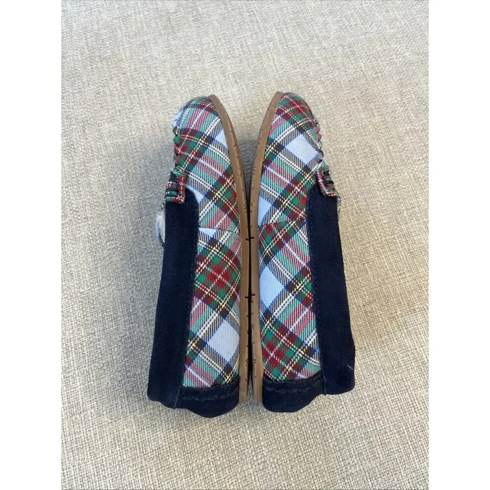 Lands' End Size 1 Childs Suede Slippers Moccasin Navy Blue Faux Fur Monogram “N”